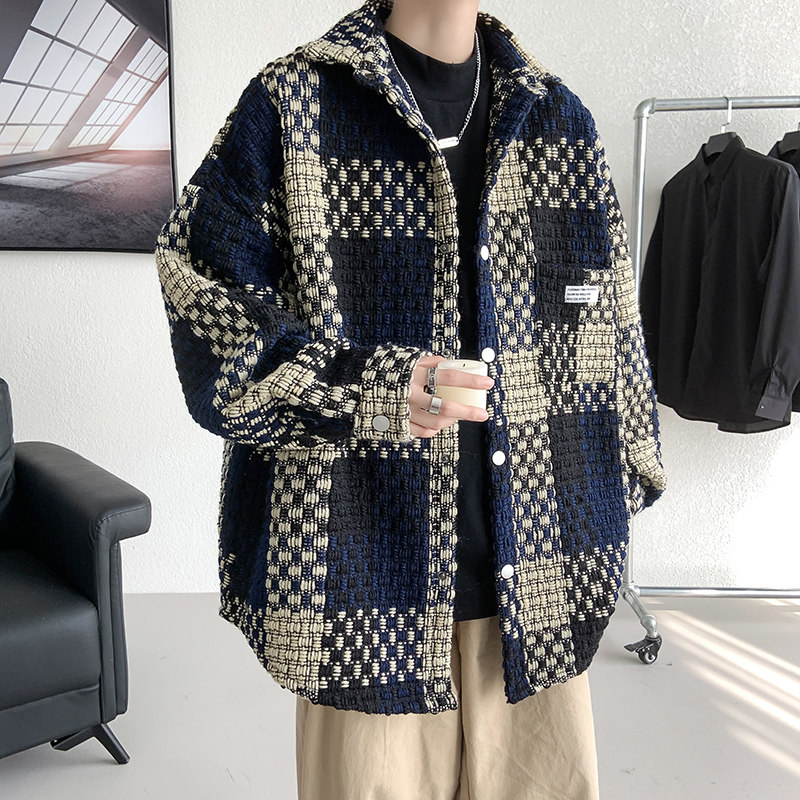 Autumn and winter trendy large size plaid jacket lapel