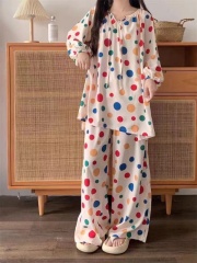 Imitation cotton fabric colorful polka dot pajamas for women autumn loose three-quarter sleeve trousers home wear set