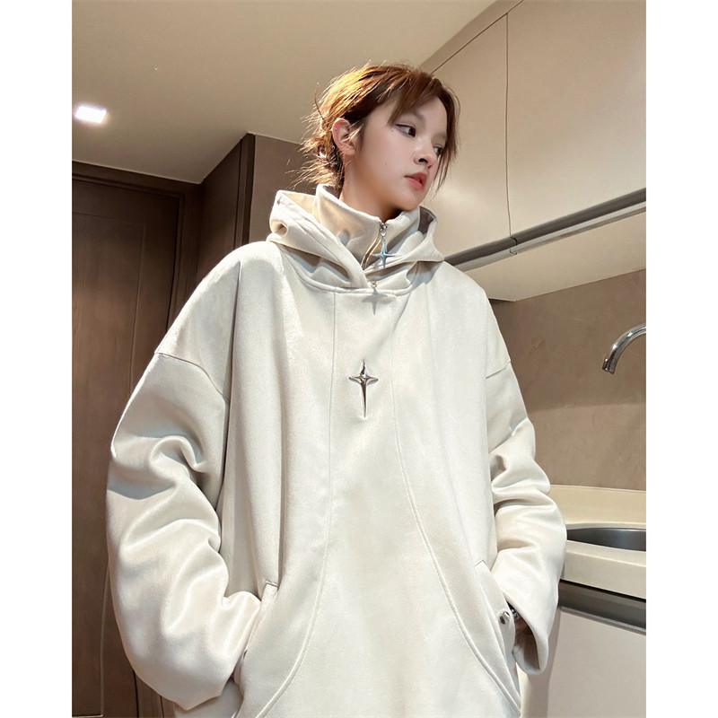 Plush autumn and winter American retro fake two-piece thickened hooded sweatshirt half-zip jacket
