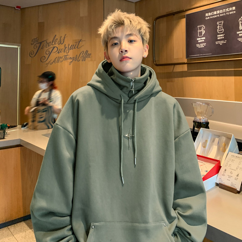 Autumn new American retro fake two-piece hooded sweatshirt men's half-zip jacket trendy