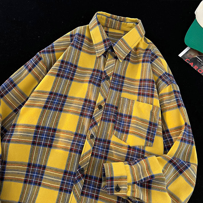 Hong Kong style plaid shirts, loose coats, men's and women's shirts, versatile plaid coats