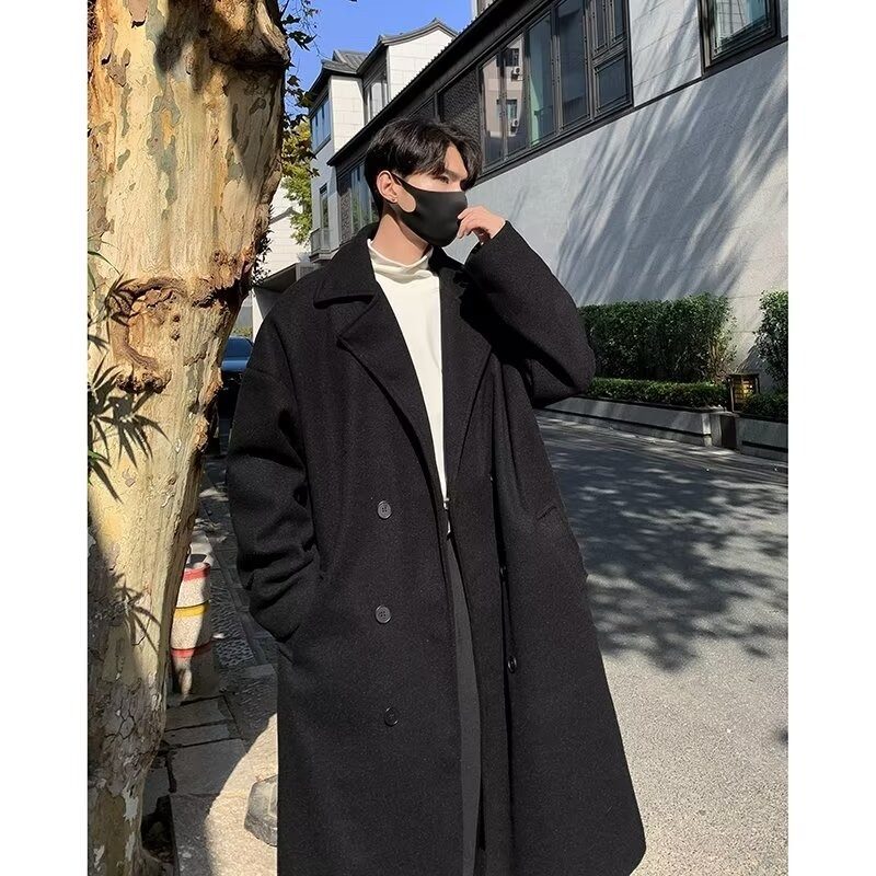 Back slit woolen coat men's mid-length over-the-knee suit collar double-breasted woolen windbreaker jacket