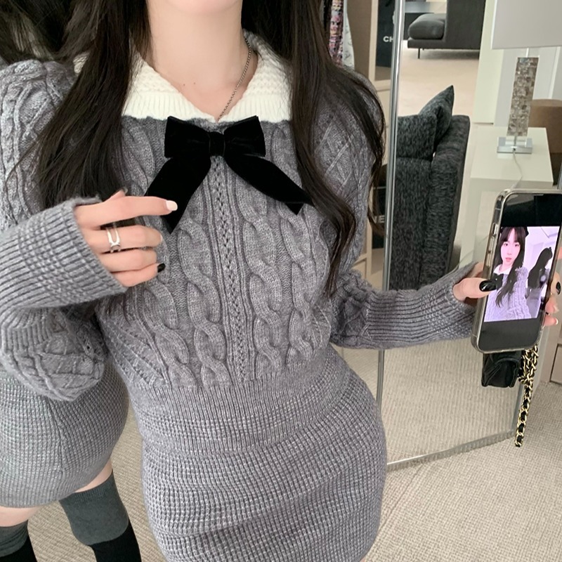 Retro fashionable knitted suit for women, bow sweater top, autumn and winter skirt, temperament, age-reducing, sweet and spicy two-piece set