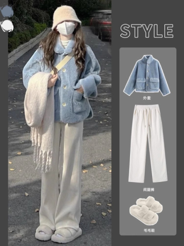 Off-white corduroy wide-leg pants for women in spring, autumn and winter high-waisted casual plus velvet petite chenille straight pants