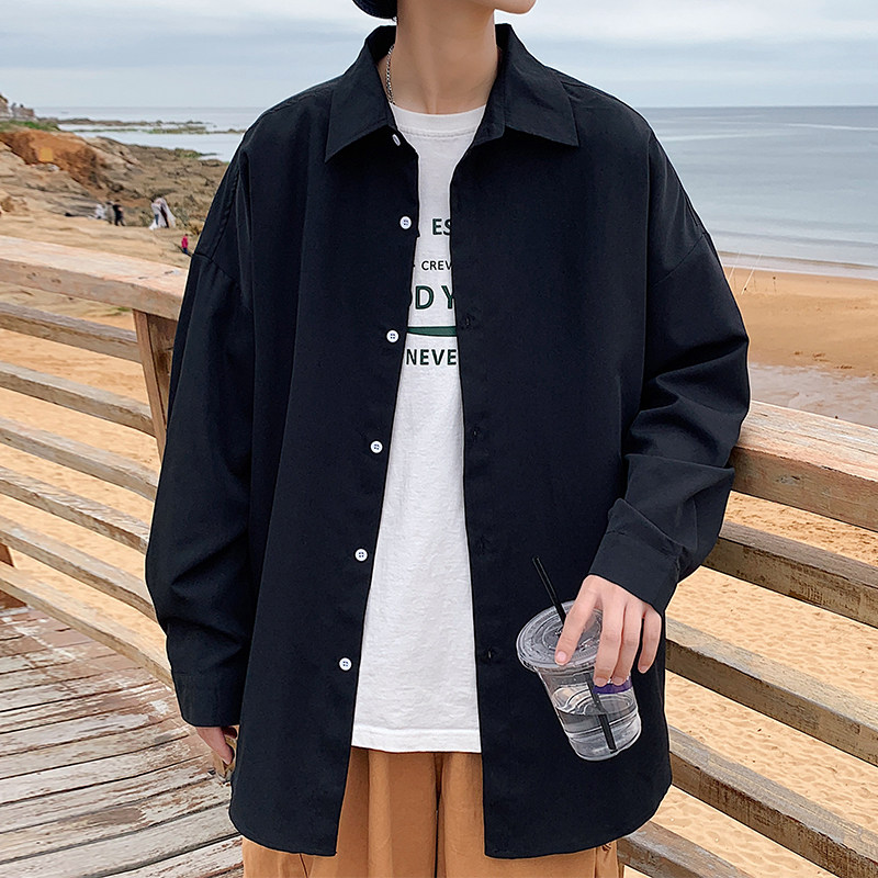 Autumn new style Hong Kong style outdoor large size handsome solid color long-sleeved shirt