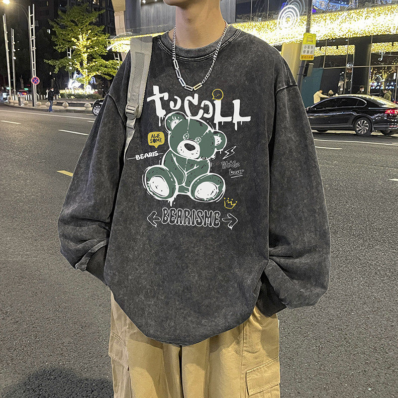 Heavy large size printed washed distressed pullover long-sleeved top T-shirt