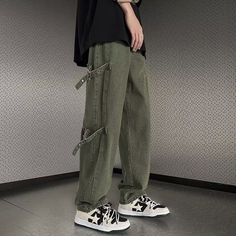 Overalls men's spring cavalry slant mesh design straight wide-leg pants Hong Kong style retro casual pants