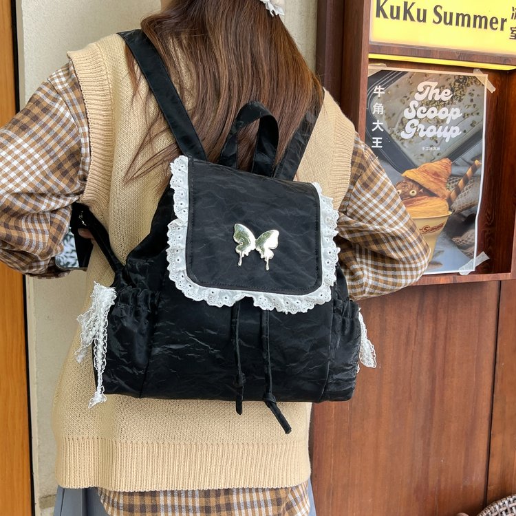 Backpack Retro American Hot Girl Butterfly Cute Niche Girl Student School Bag Maillard Lace Backpack