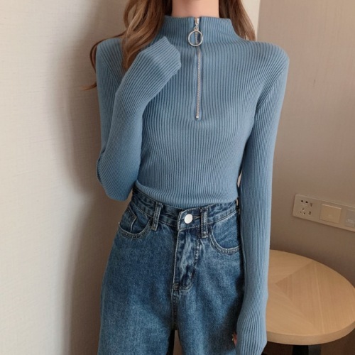 Korean style half turtleneck bottoming zipper top slim fit inner sweater student knitted sweater