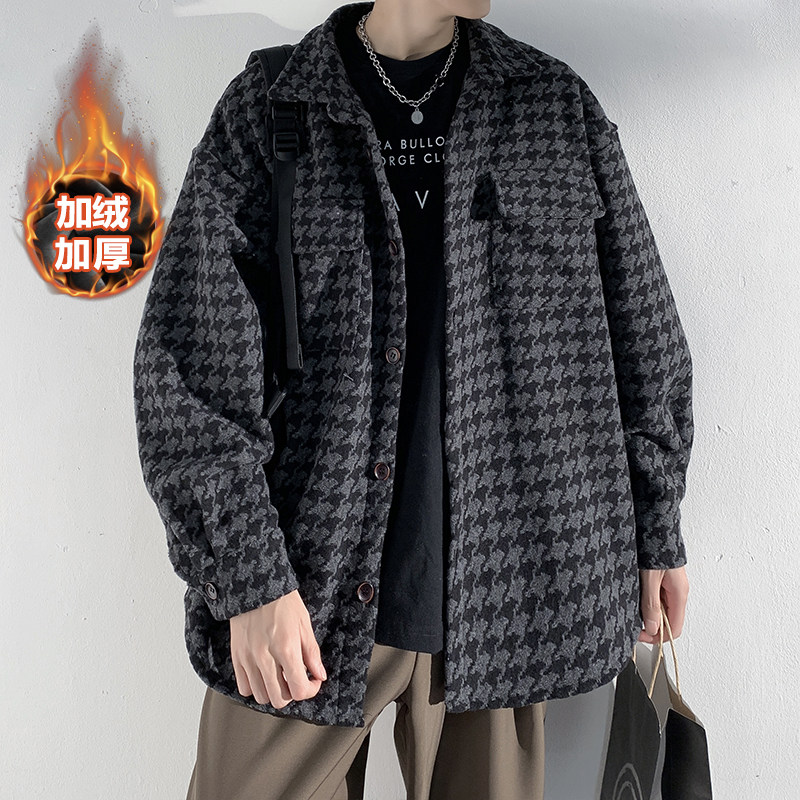 Winter velvet thickened Korean original jacket men's houndstooth lapel woolen jacket