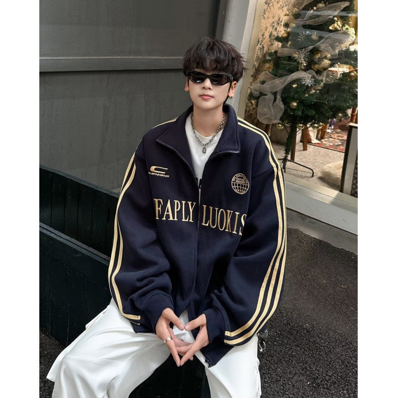 Striped stand-up collar sports sweatshirt cardigan for men and women in autumn and winter loose retro casual jacket tops