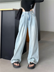 Retro washed light blue denim floor-length trousers for women summer high-waist slim straight wide-leg trousers