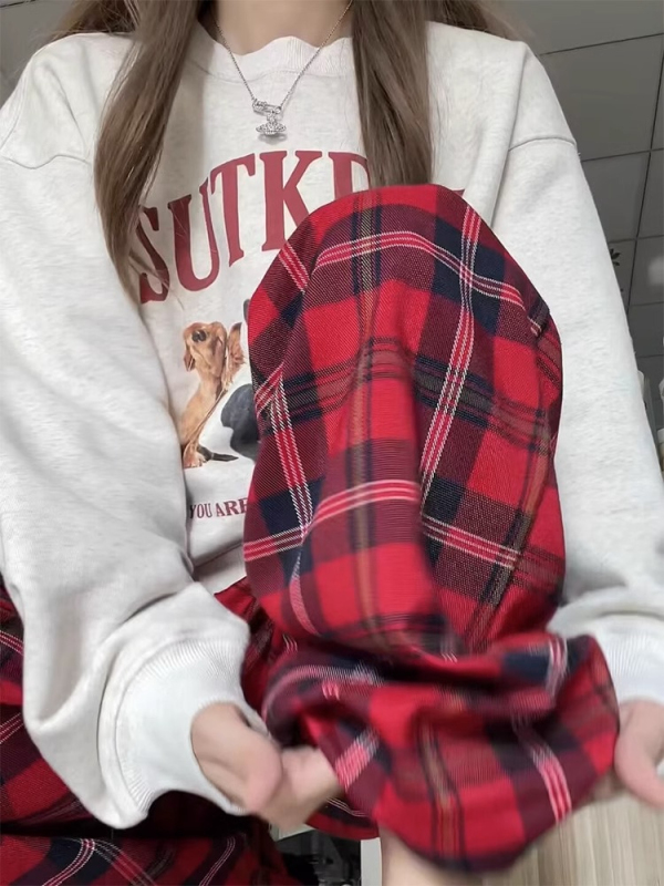 Plaid three-dimensional waistband red plaid casual high-waisted wide-leg pants for women in autumn and winter