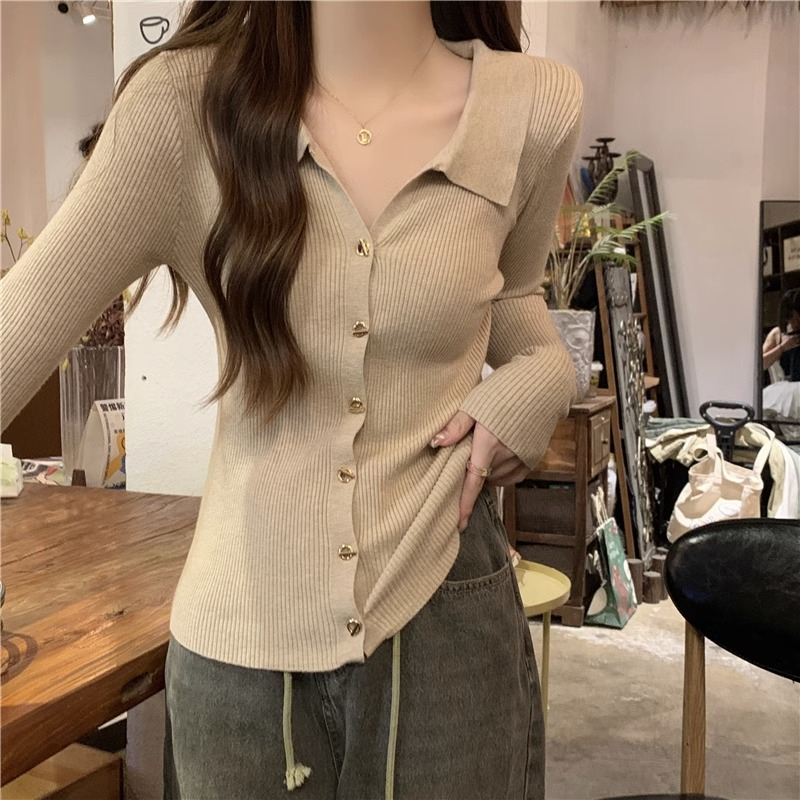 French high-end design niche polo collar sweater jacket women's long-sleeved knitted cardigan bottoming top