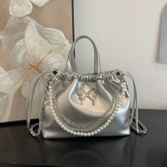 Silver Butterfly Backpack Women's 2024 New Trendy Fashion Korean Pearl Chain Backpack Versatile Handbag