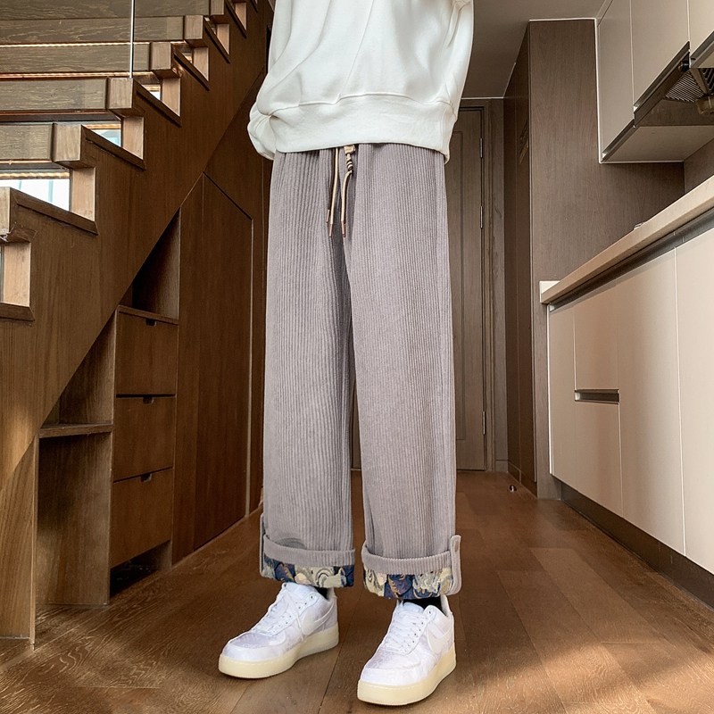 Hong Kong style large size American corduroy rolled edge design wide leg casual pants for men