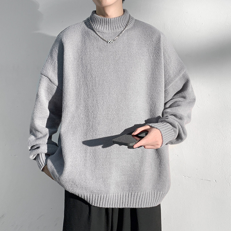 Autumn and winter large size solid color bottoming shirt men's high-end handsome loose pullover sweater sweater