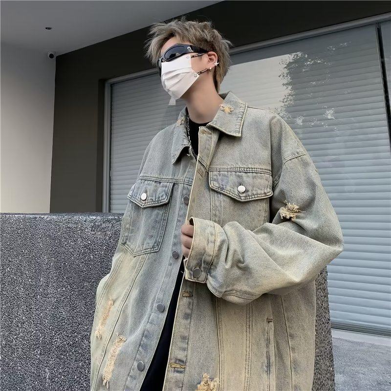American denim jacket men's Korean style trendy ruffian handsome high street spring ins loose jacket