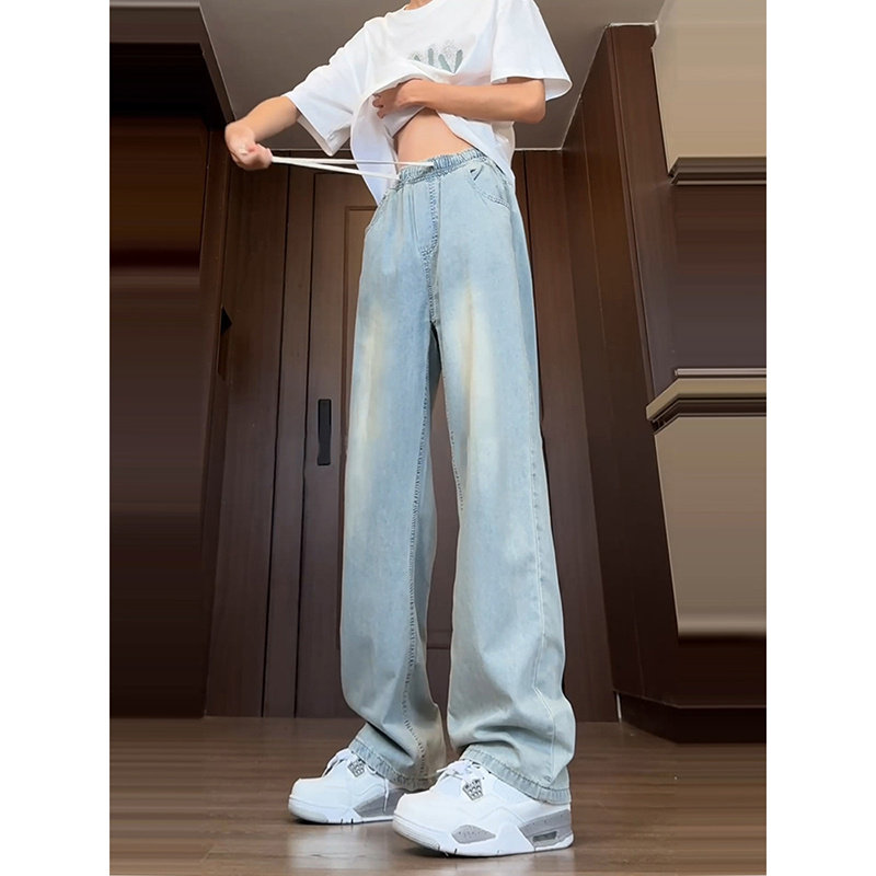 Ice silk jeans men's thin summer straight-leg youth pants drawstring wide-leg pants