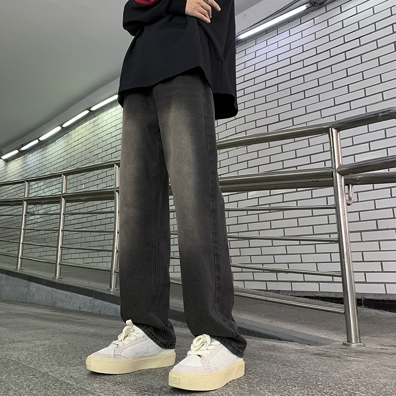 Spring and summer new trendy brand distressed black casual loose straight trousers