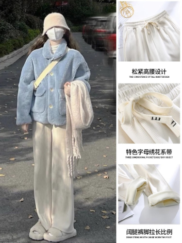 Off-white corduroy wide-leg pants for women in spring, autumn and winter high-waisted casual plus velvet petite chenille straight pants