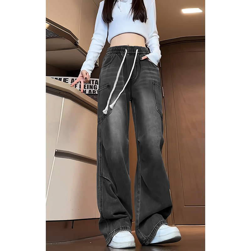 Autumn New Multi-Pocket Washed Jeans Unisex Pleated American Fashion Floor-Mopping Pants