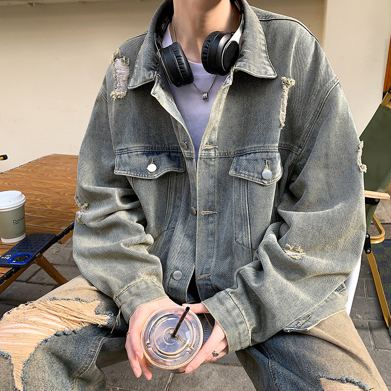 Korean style ins style ripped denim jacket handsome loose trendy brand student jacket top