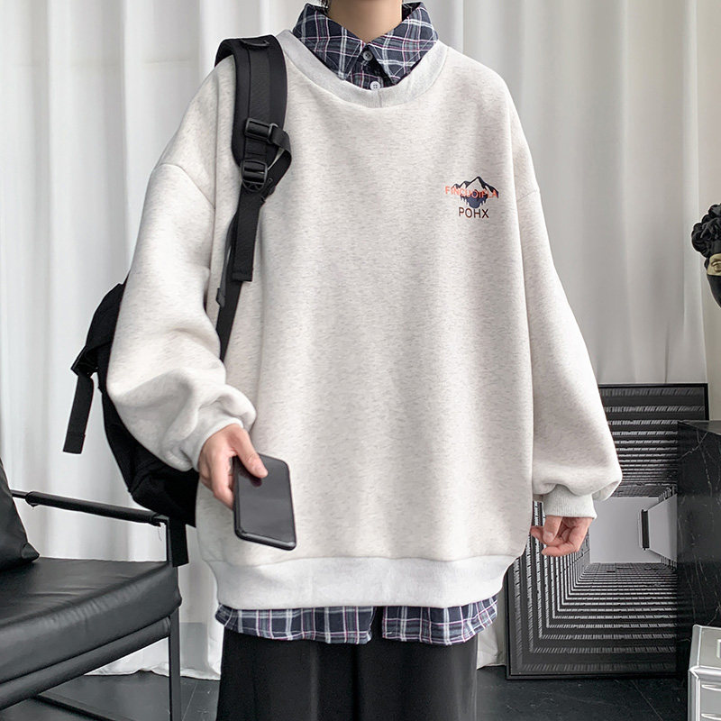 Polyester 100% plaid shirt collar sweatshirt for men with round neck pullover