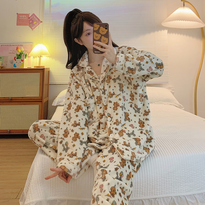 Party dog ​​pajamas for women winter new coral velvet warm suit internet celebrity style cute cartoon home clothes