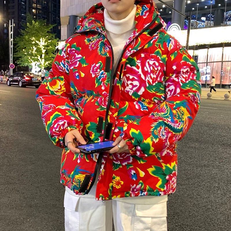 Northeast large-flowered cotton-padded jacket for men in winter thickened national fashion large size loose Internet celebrity handsome short cotton-padded jacket