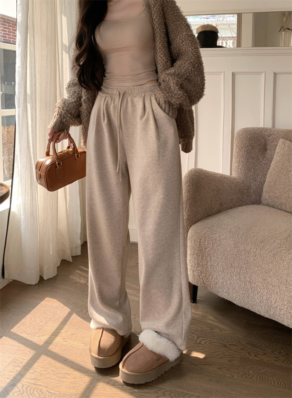 Autumn and winter soft and waxy plus velvet thickened high waist drape casual walking pants loose wide leg pants