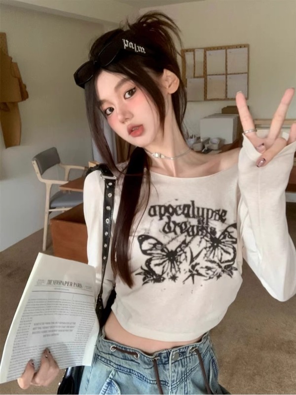 Hot Girl Butterfly English Print Long Sleeve T-Shirt Niche American Retro Short Top for Women