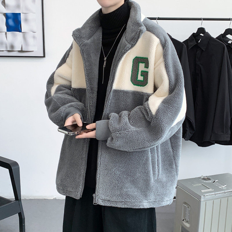 2022 winter velvet thickened cotton coat sherpa youth stand collar jacket trendy men