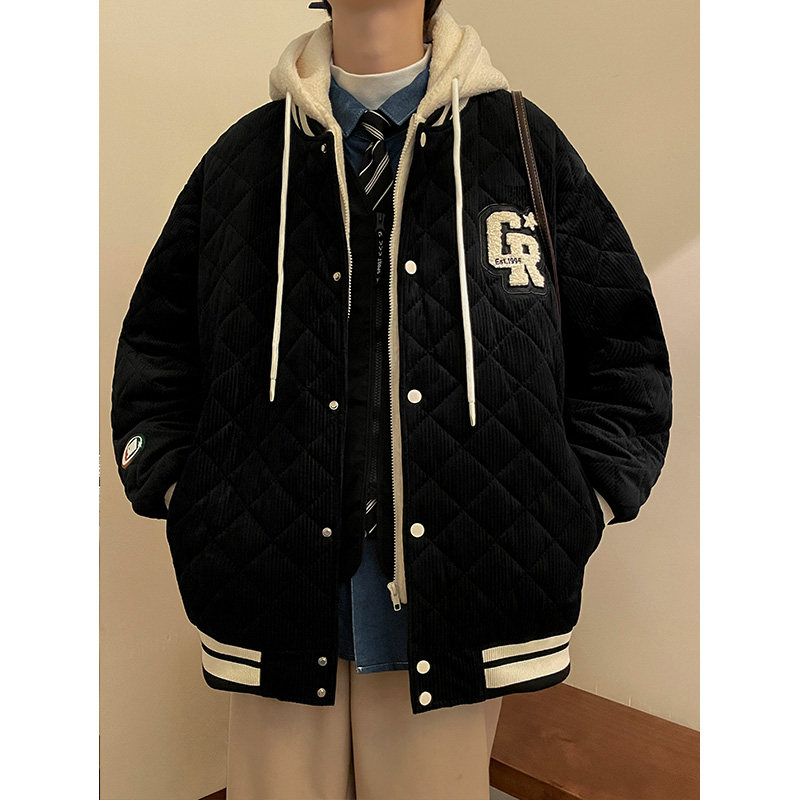 New autumn and winter new cotton and thickened fake two-piece cotton clothing trendy men's and women's rhombus plaid hooded cotton coat jacket
