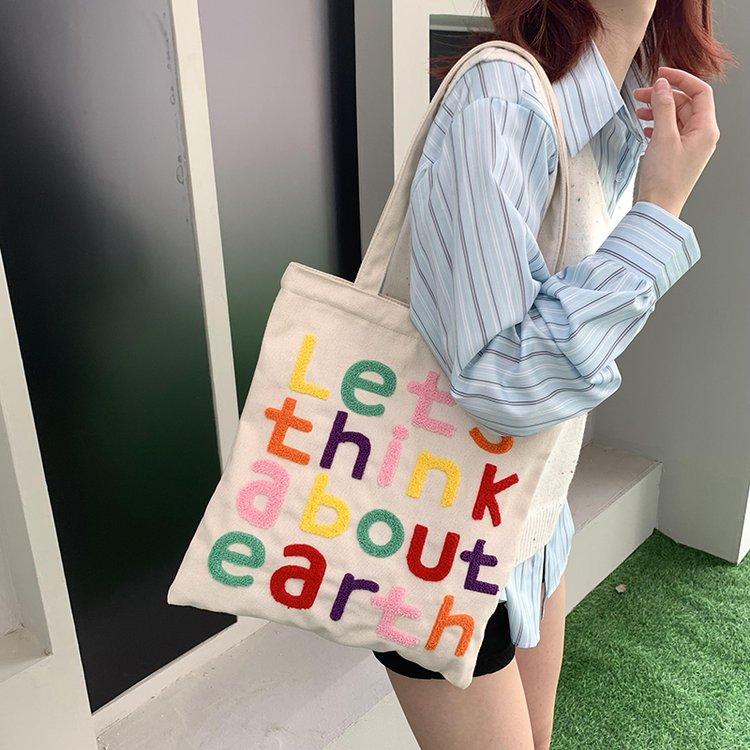 Korean style ins large capacity tote bag lazy style letter embroidered canvas shoulder bag women's portable shopping bag