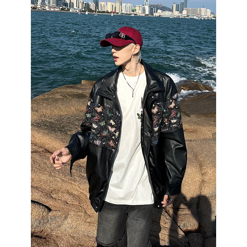 -Winter splicing retro style PU leather and cotton thickened cotton jacket