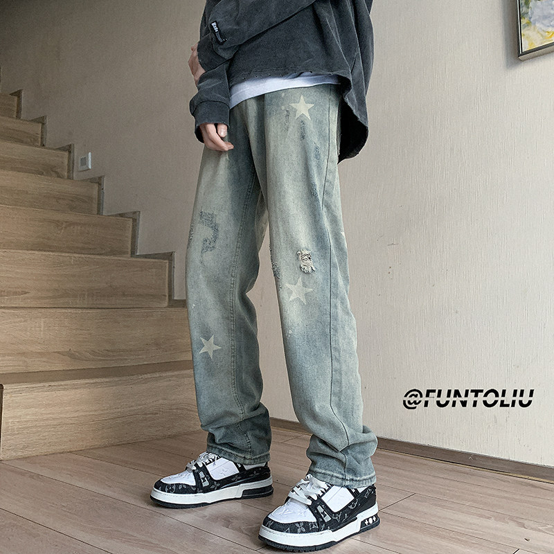 Star printed jeans men's high street washed straight ripped pants summer fashion brand loose ins wide leg pants