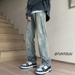 Star printed jeans men's high street washed straight ripped pants summer fashion brand loose ins wide leg pants