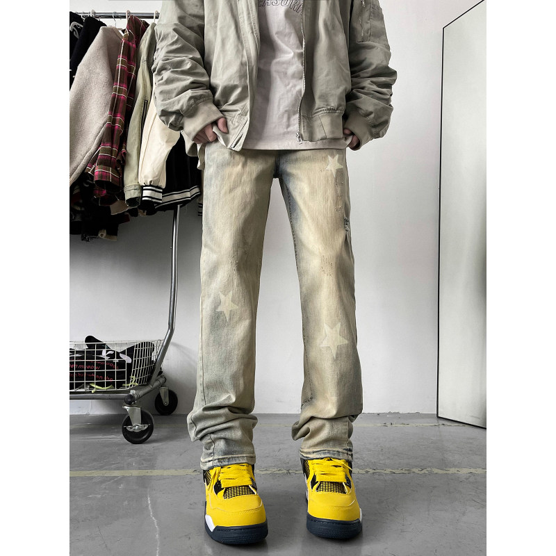 American retro yellow mud star print jeans trousers spring trend