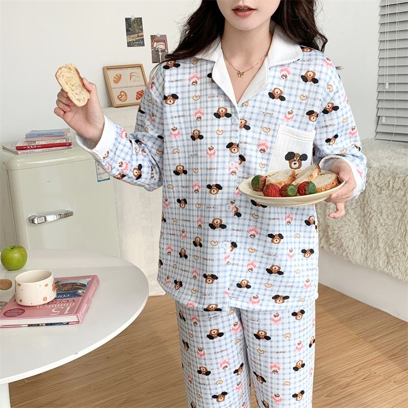 New winter quilted cartoon floral cardigan pajamas for women simple Korean version ins home wear set