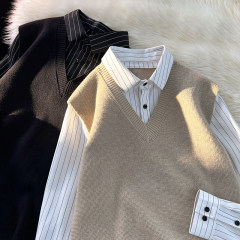 Autumn men's fake two-piece shirt collar new embroidered knitted bottoming shirt