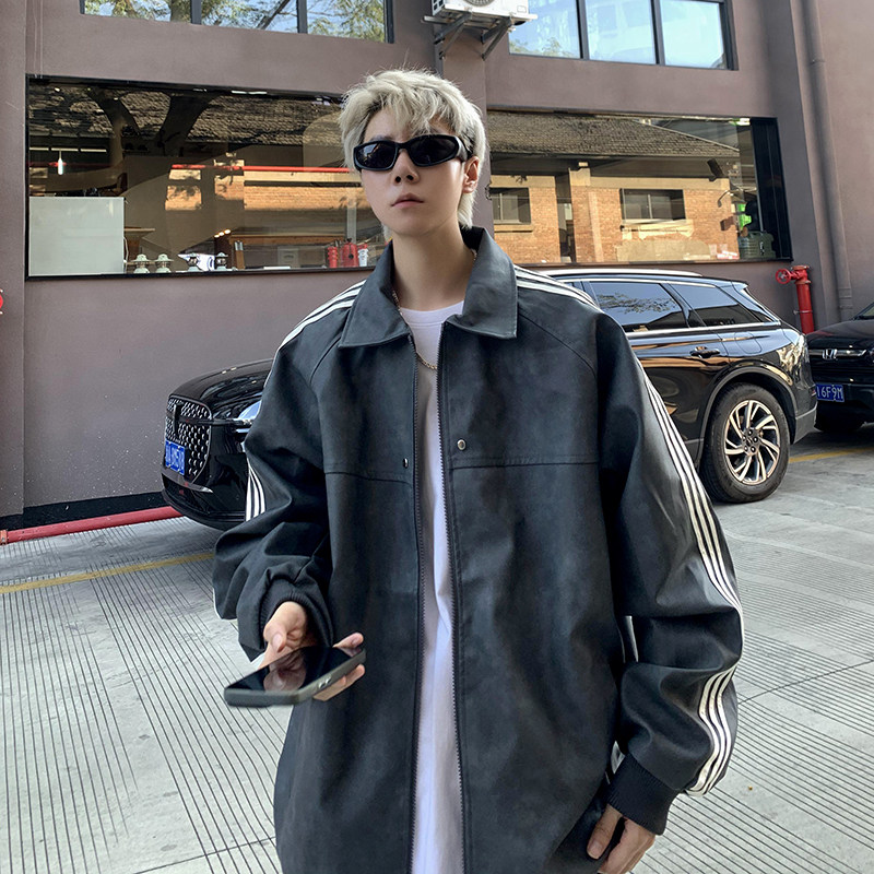 Autumn high quality Hong Kong style PU leather three stripes leather jacket