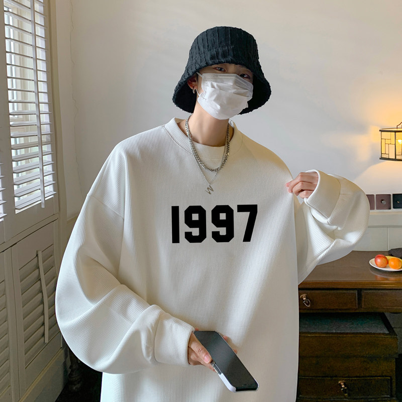 Waffle!  Autumn top men's round neck waffle sweatshirt men's large size long-sleeved T-shirt for men