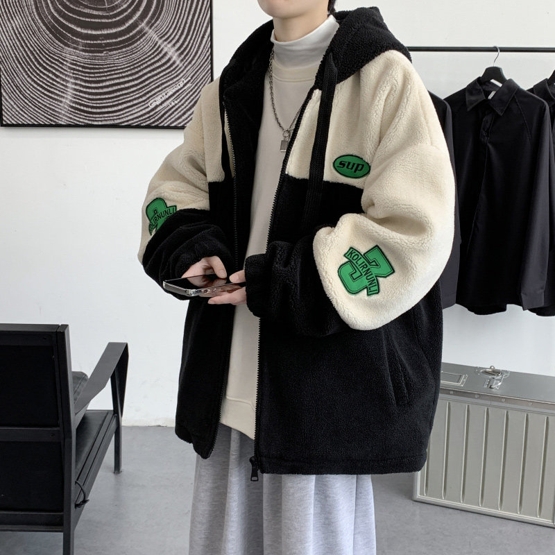 Lamb wool thickened cotton coat men's winter new Hong Kong style cotton jacket contrasting color hooded cotton coat