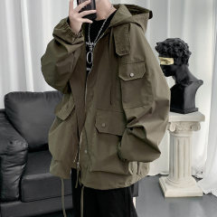Japanese large size work jacket men's loose hooded jacket