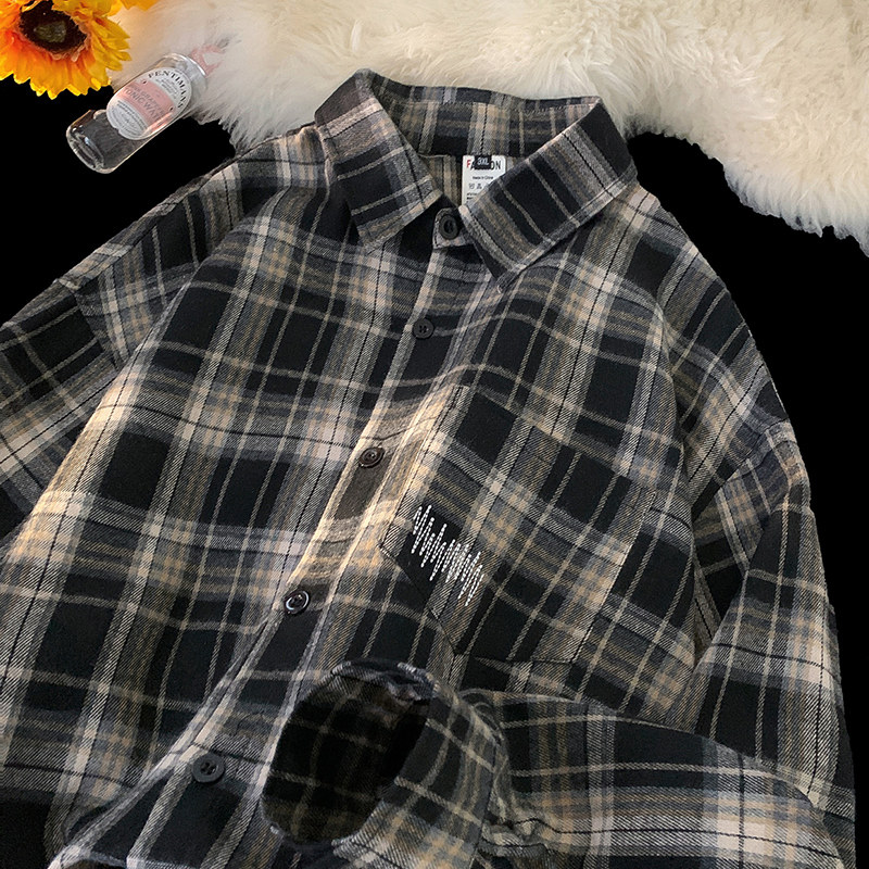 Spring new shirt men's Hong Kong style plaid shirt