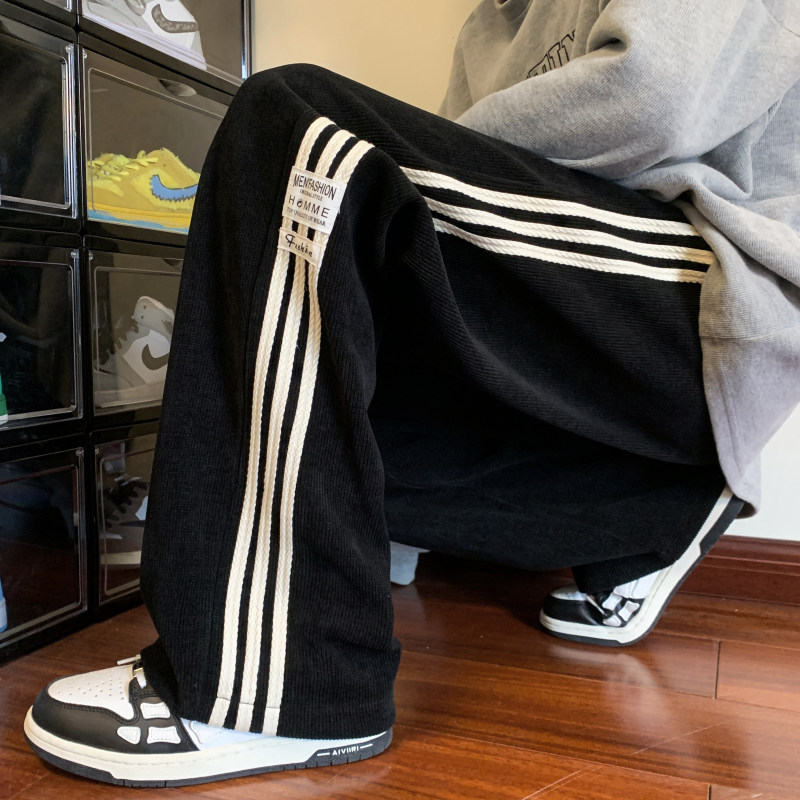 Three-stripe pants men's loose straight wide-leg autumn and winter sports casual pants