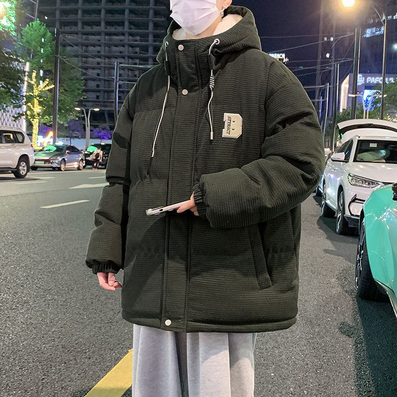 Winter youth corduroy hooded cotton coat trendy brand lamb wool plus velvet thickened cotton coat