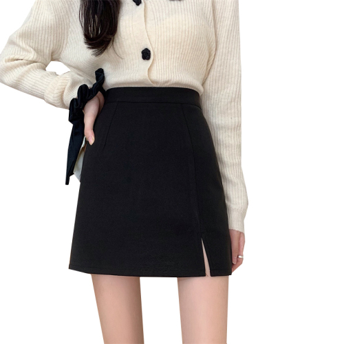 Woolen slit hip-covering one-step skirt for women 24 autumn new high-waisted slimming A-line skirt with sweater