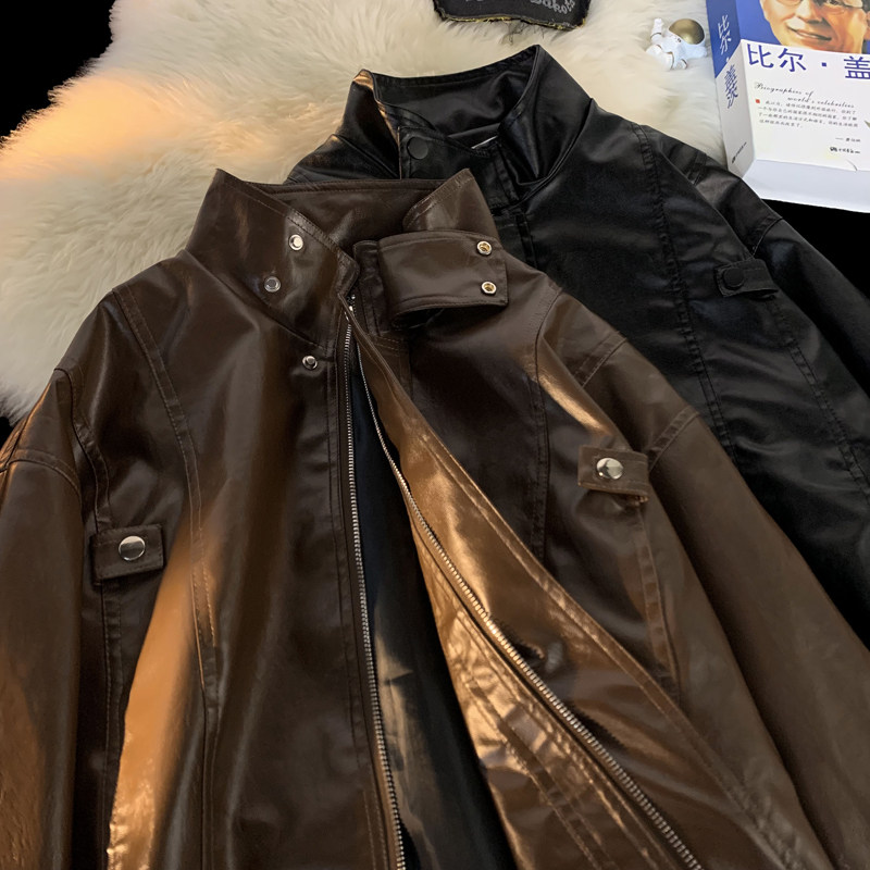 Autumn and winter motorcycle workwear PU leather jacket stand collar loose and trendy